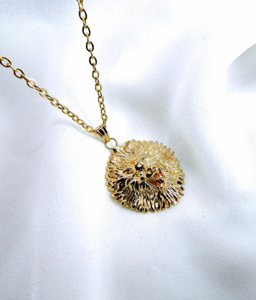 collier avec un tête de lion et une chaine fine posé sur fond blanc